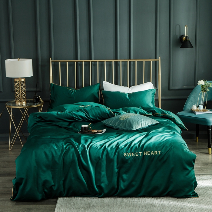 91家纺网 家纺一手货源 找家纺 琪格格 2022新款水洗真丝刺绣四件套 你好爱情-魅惑绿