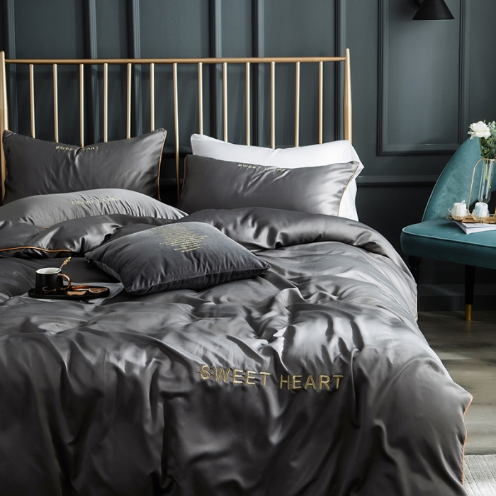 91家纺网 家纺一手货源 找家纺 琪格格 2022新款水洗真丝刺绣四件套 你好爱情-雅韵灰