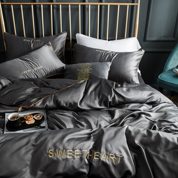 91家纺网 家纺一手货源 找家纺 琪格格 2022新款水洗真丝刺绣四件套 你好爱情-雅韵灰