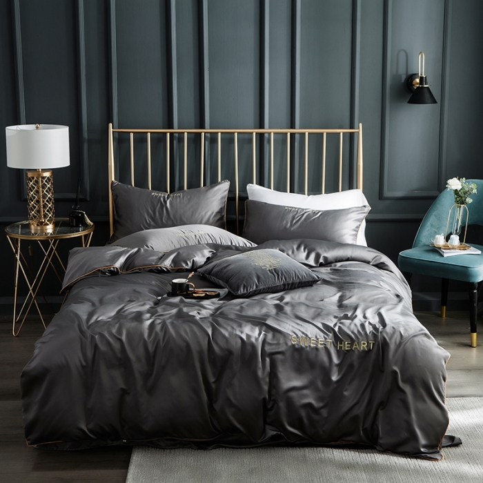 91家纺网 家纺一手货源 找家纺 琪格格 2022新款水洗真丝刺绣四件套 你好爱情-雅韵灰