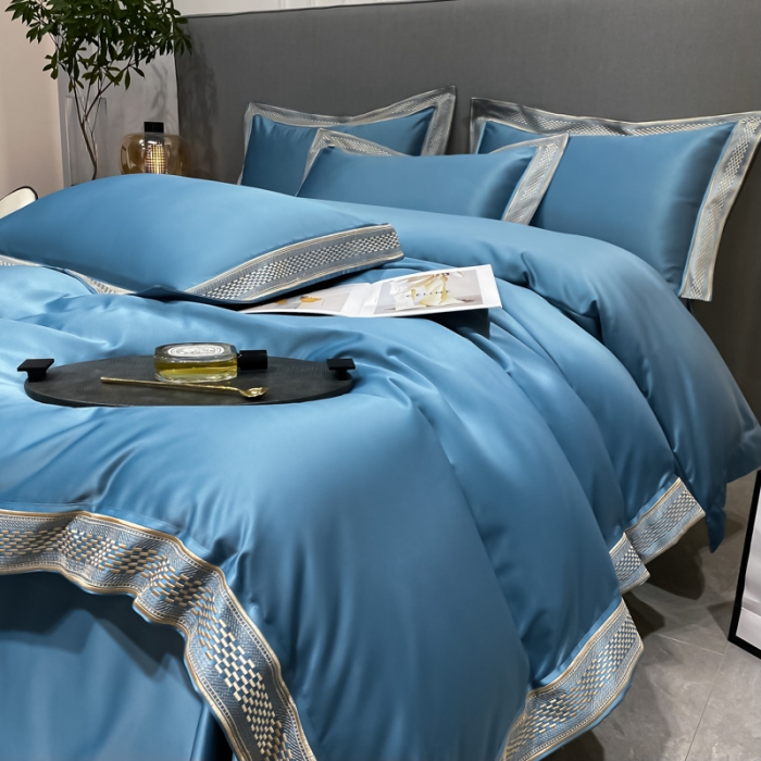 91家纺网 家纺一手货源 找家纺 欧乐蒂 2022新款A版水洗真丝B版全棉四件套-简爱 简爱-宾利蓝