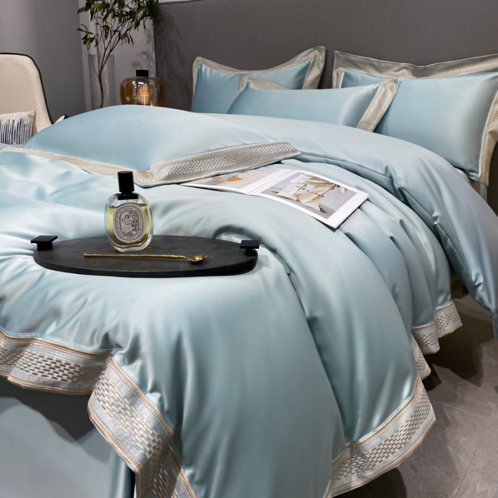 91家纺网 家纺一手货源 找家纺 欧乐蒂 2022新款A版水洗真丝B版全棉四件套-简爱 简爱-梵星蓝