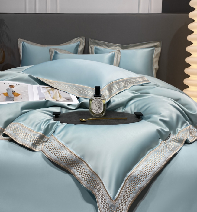 91家纺网 家纺一手货源 找家纺 欧乐蒂 2022新款A版水洗真丝B版全棉四件套-简爱 简爱-梵星蓝