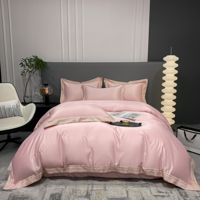 91家纺网 家纺一手货源 找家纺 欧乐蒂 2022新款A版水洗真丝B版全棉四件套-简爱 简爱-粉色