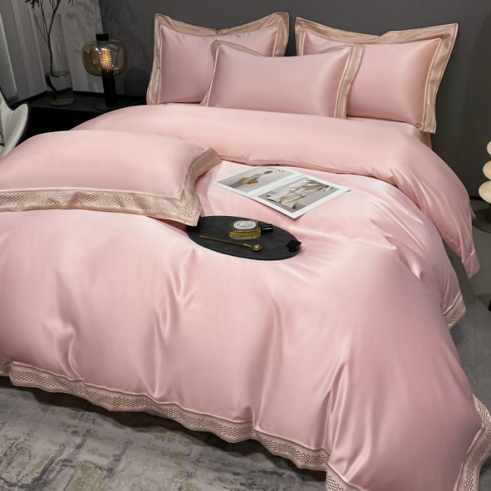 91家纺网 家纺一手货源 找家纺 欧乐蒂 2022新款A版水洗真丝B版全棉四件套-简爱 简爱-粉色