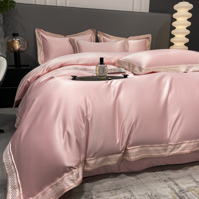 91家纺网 家纺一手货源 找家纺 欧乐蒂 2022新款A版水洗真丝B版全棉四件套-简爱 简爱-粉色