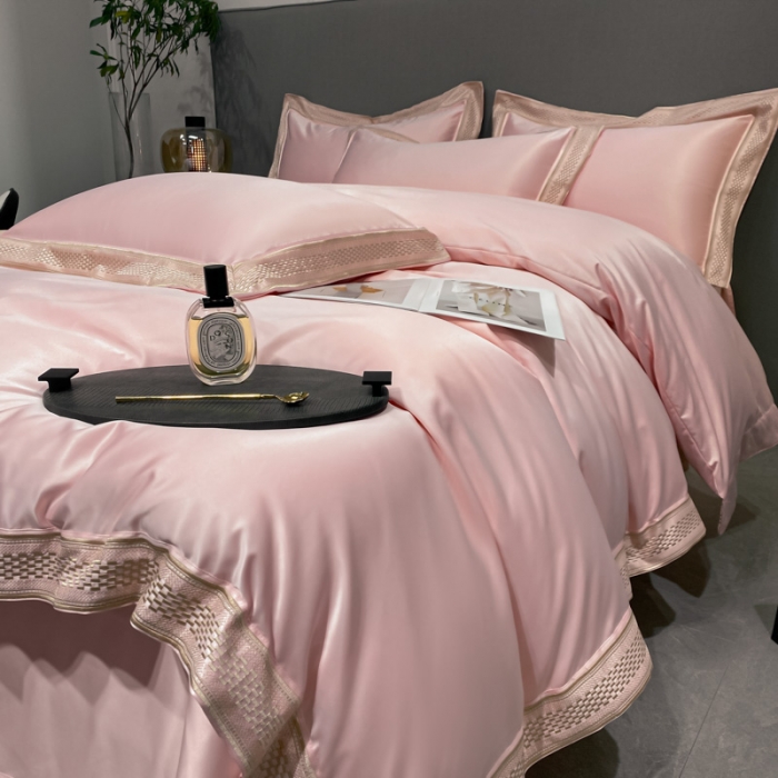 91家纺网 家纺一手货源 找家纺 欧乐蒂 2022新款A版水洗真丝B版全棉四件套-简爱 简爱-粉色