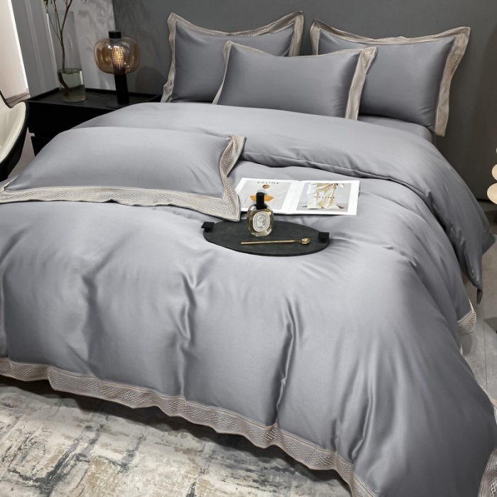 91家纺网 家纺一手货源 找家纺 欧乐蒂 2022新款A版水洗真丝B版全棉四件套-简爱 简爱-高级灰