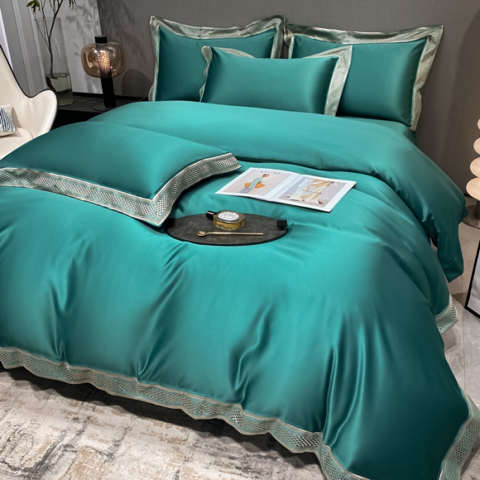 91家纺网 家纺一手货源 找家纺 欧乐蒂 2022新款A版水洗真丝B版全棉四件套-简爱 简爱-墨绿色