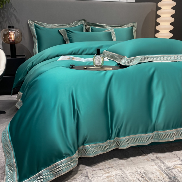 91家纺网 家纺一手货源 找家纺 欧乐蒂 2022新款A版水洗真丝B版全棉四件套-简爱 简爱-墨绿色