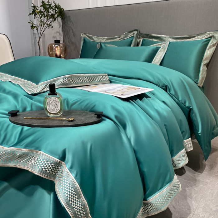 91家纺网 家纺一手货源 找家纺 欧乐蒂 2022新款A版水洗真丝B版全棉四件套-简爱 简爱-墨绿色