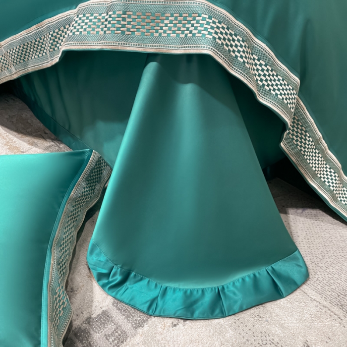 91家纺网 家纺一手货源 找家纺 欧乐蒂 2022新款A版水洗真丝B版全棉四件套-简爱 简爱-墨绿色