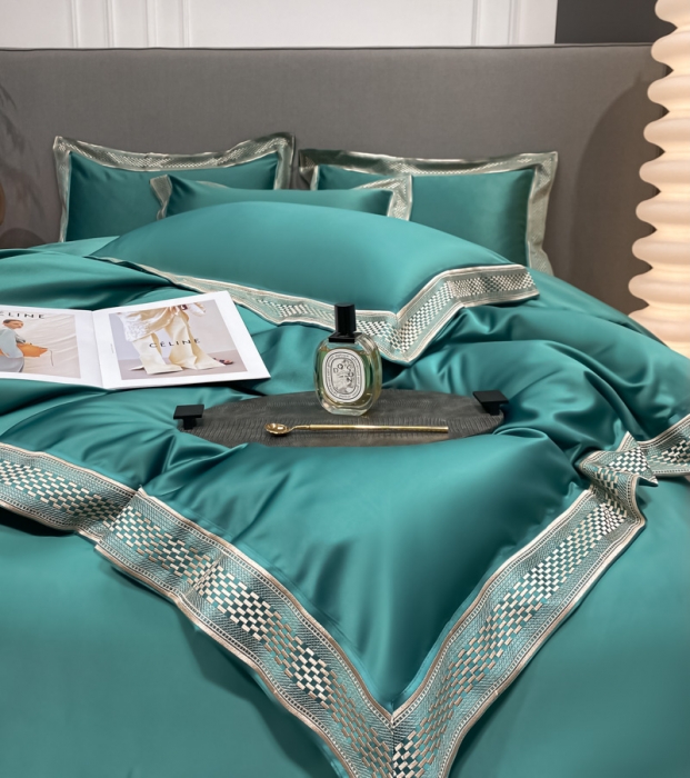 91家纺网 家纺一手货源 找家纺 欧乐蒂 2022新款A版水洗真丝B版全棉四件套-简爱 简爱-墨绿色