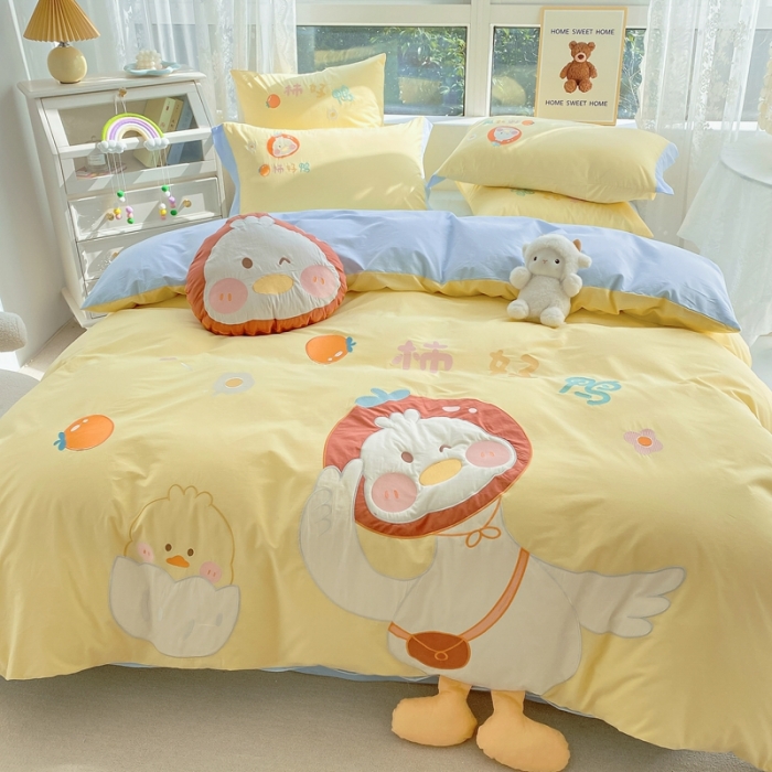 91家纺网 家纺一手货源 找家纺 沐慕 2022新款全棉工艺款四件套-柿柿好鸭 柿柿好鸭-黄