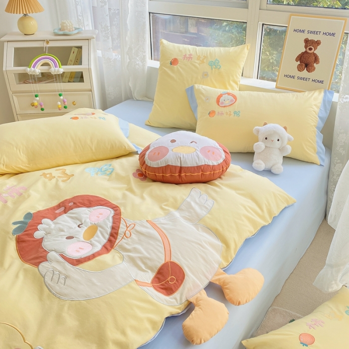 91家纺网 家纺一手货源 找家纺 沐慕 2022新款全棉工艺款四件套-柿柿好鸭 柿柿好鸭-黄