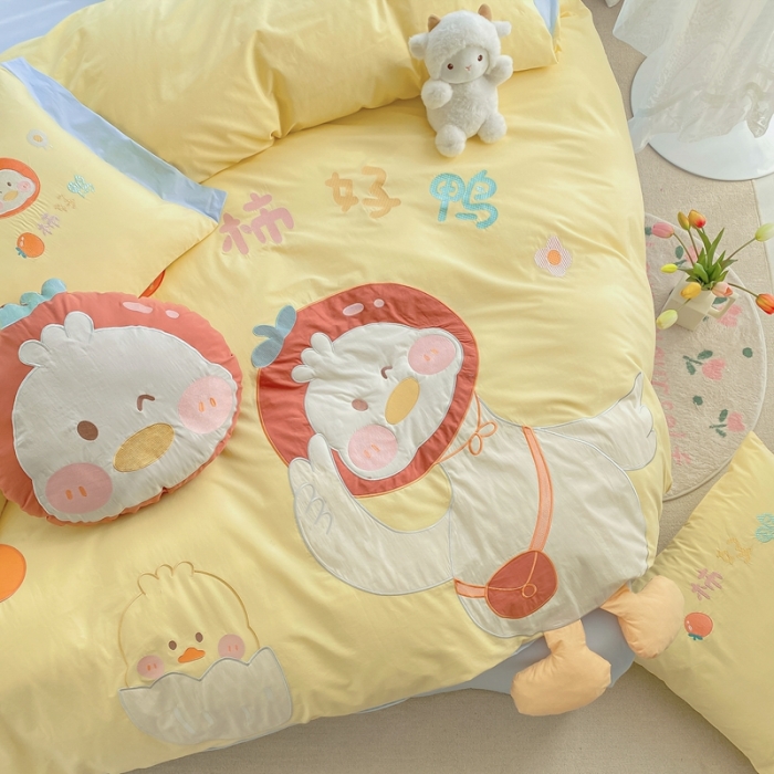 91家纺网 家纺一手货源 找家纺 沐慕 2022新款全棉工艺款四件套-柿柿好鸭 柿柿好鸭-黄