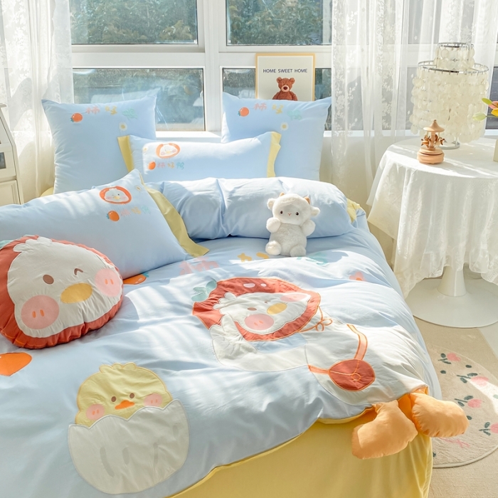 91家纺网 家纺一手货源 找家纺 沐慕 2022新款全棉工艺款四件套-柿柿好鸭 柿柿好鸭-蓝