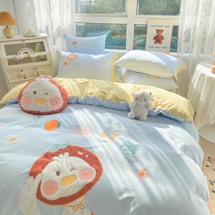 91家纺网 家纺一手货源 找家纺 沐慕 2022新款全棉工艺款四件套-柿柿好鸭 柿柿好鸭-蓝