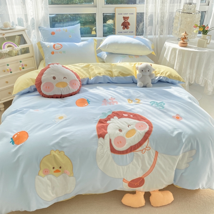 91家纺网 家纺一手货源 找家纺 沐慕 2022新款全棉工艺款四件套-柿柿好鸭 柿柿好鸭-蓝