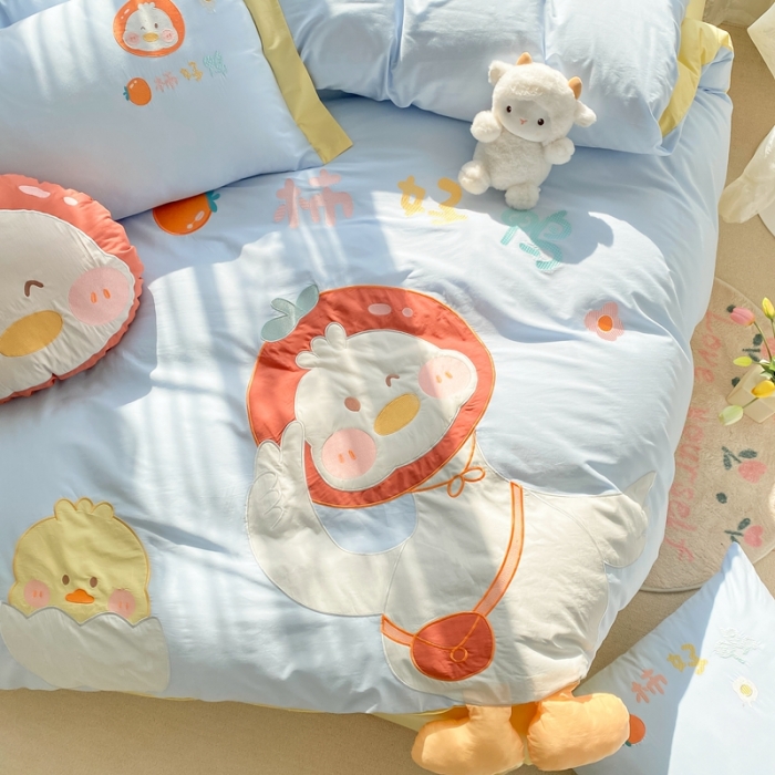 91家纺网 家纺一手货源 找家纺 沐慕 2022新款全棉工艺款四件套-柿柿好鸭 柿柿好鸭-蓝