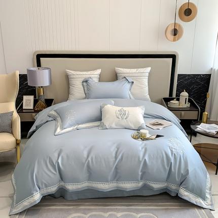 91家纺网 家纺一手货源 找家纺 曼布缇 2025新款工艺款100s长绒棉绣花四件套-马丽娜 婴儿蓝