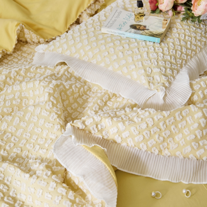 91家纺网 家纺一手货源 找家纺 凡客 2022新款大豆剪花奈斯夏被四件套 柠檬黄