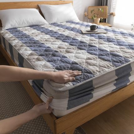 91家纺网 家纺一手货源 找家纺 东宇 2022新款色织全棉水洗棉夹棉床笠 蓝大格