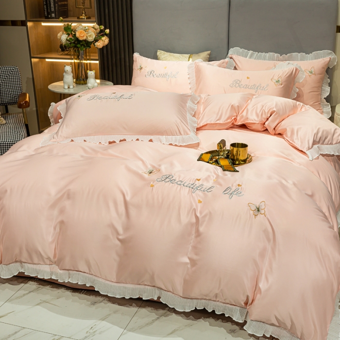 91家纺网 家纺一手货源 找家纺 邦妮家纺 2024新款水洗天丝刺绣四件套-蝶梦 蝶梦-粉玉