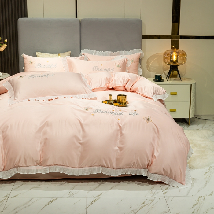 91家纺网 家纺一手货源 找家纺 邦妮家纺 2024新款水洗天丝刺绣四件套-蝶梦 蝶梦-粉玉