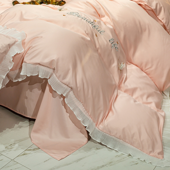 91家纺网 家纺一手货源 找家纺 邦妮家纺 2024新款水洗天丝刺绣四件套-蝶梦 蝶梦-粉玉