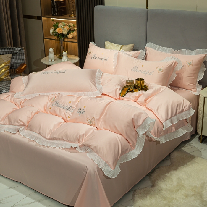 91家纺网 家纺一手货源 找家纺 邦妮家纺 2024新款水洗天丝刺绣四件套-蝶梦 蝶梦-粉玉