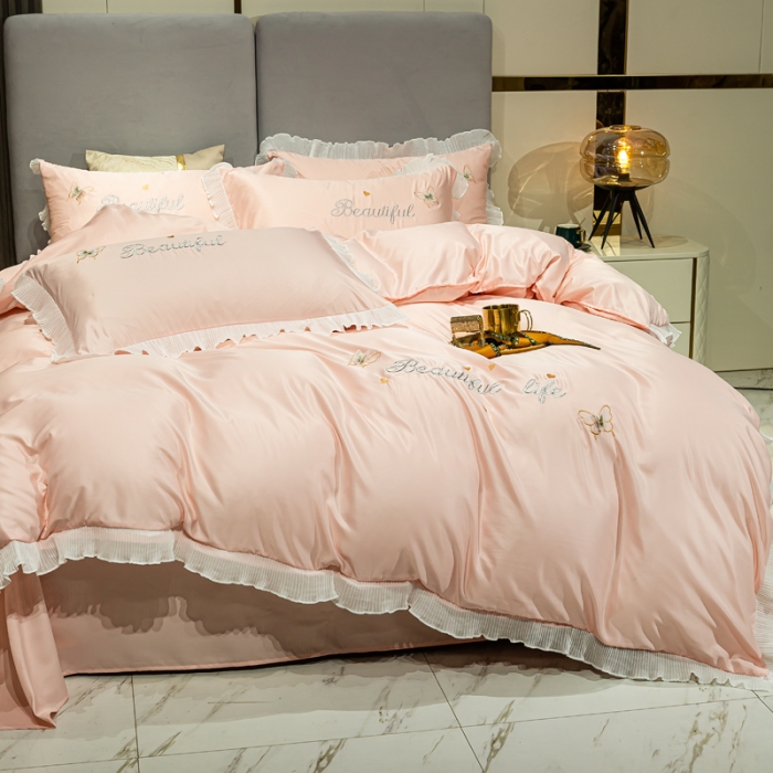 91家纺网 家纺一手货源 找家纺 邦妮家纺 2024新款水洗天丝刺绣四件套-蝶梦 蝶梦-粉玉