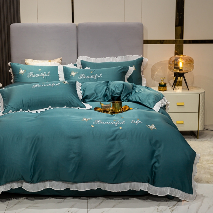 91家纺网 家纺一手货源 找家纺 邦妮家纺 2024新款水洗天丝刺绣四件套-蝶梦 蝶梦-玛瑙绿