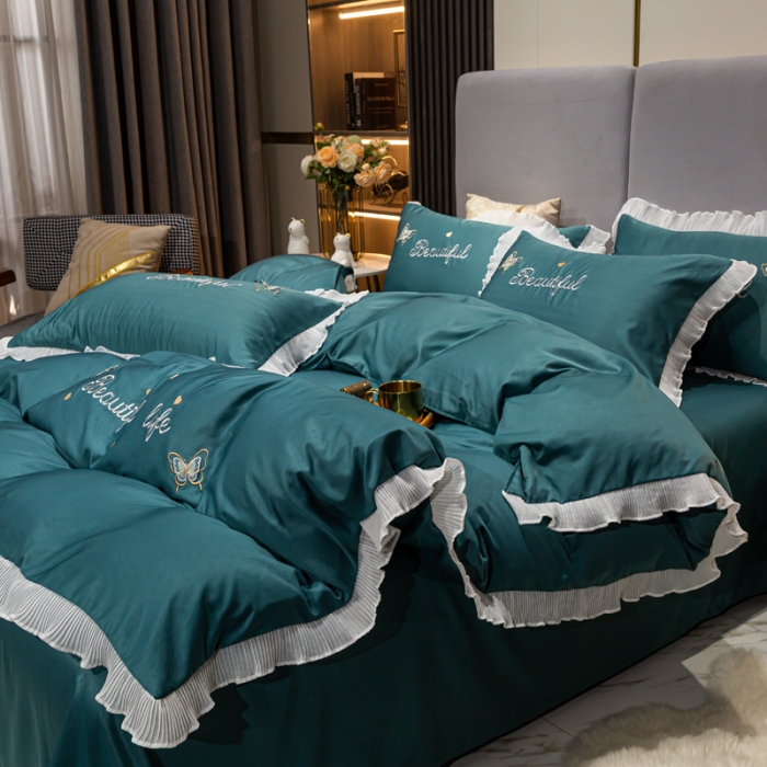 91家纺网 家纺一手货源 找家纺 邦妮家纺 2024新款水洗天丝刺绣四件套-蝶梦 蝶梦-玛瑙绿