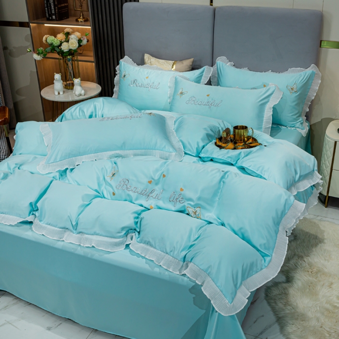 91家纺网 家纺一手货源 找家纺 邦妮家纺 2024新款水洗天丝刺绣四件套-蝶梦 蝶梦-天空蓝