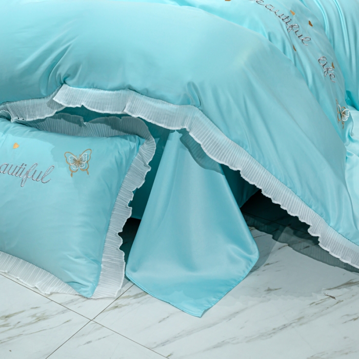 91家纺网 家纺一手货源 找家纺 邦妮家纺 2024新款水洗天丝刺绣四件套-蝶梦 蝶梦-天空蓝