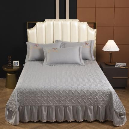 91家纺网 家纺一手货源 找家纺 木兰花 2023新款 120S长绒棉刺绣四件套床盖床裙款银灰