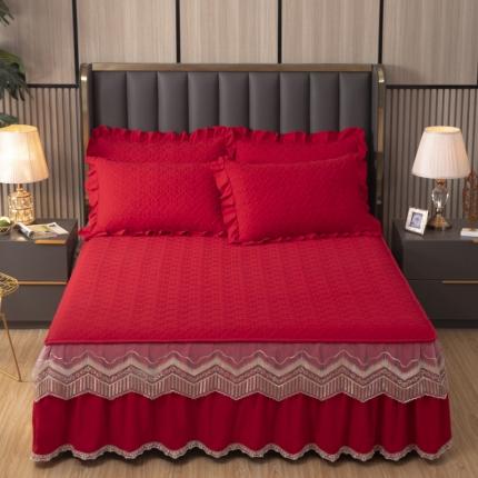 91家纺网 家纺一手货源 找家纺 木兰花 新款 超柔氧棉加厚磨毛韩版蕾丝夹棉四件套床裙款中国红