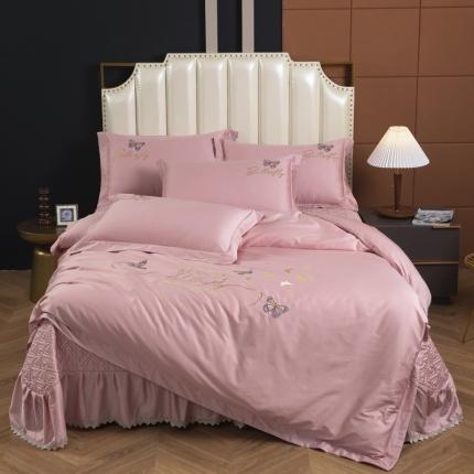 木兰花 2023新款 120S长绒棉刺绣四件套床盖床裙款豆沙