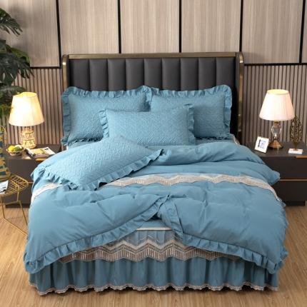 木兰花 新款 超柔氧棉加厚磨毛韩版蕾丝夹棉四件套床裙款 青蓝