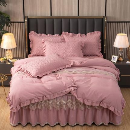 木兰花 新款 超柔氧棉加厚磨毛韩版蕾丝夹棉四件套床裙款 胭脂粉