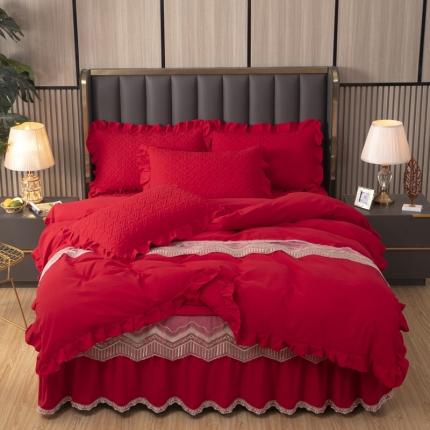 木兰花 新款 超柔氧棉加厚磨毛韩版蕾丝夹棉四件套床裙款中国红