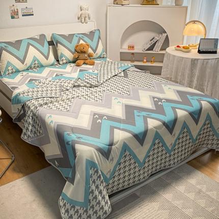 91家纺网 家纺一手货源 找家纺 金爱家 2023新款简约轻奢风乳胶凉席夏被四件套 千鸟格蓝