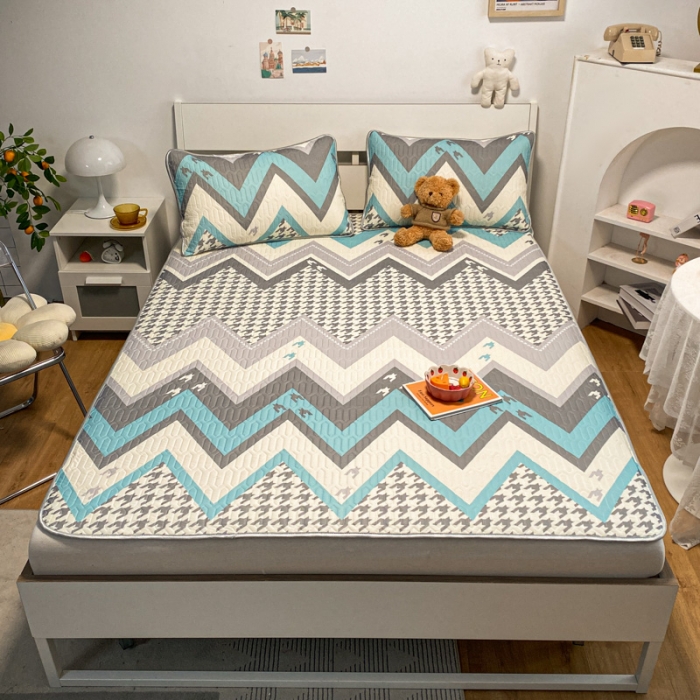 91家纺网 家纺一手货源 找家纺 金爱家 2023新款简约轻奢风乳胶凉席夏被四件套 千鸟格蓝