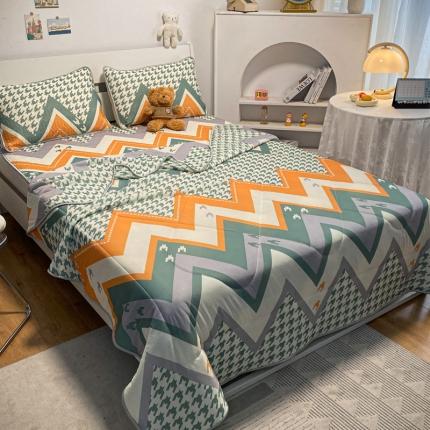 91家纺网 家纺一手货源 找家纺 金爱家 2023新款简约轻奢风乳胶凉席夏被四件套 千鸟格绿