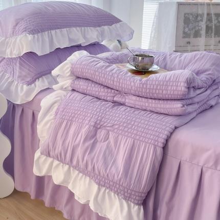 91家纺网 家纺一手货源 找家纺 （总）十里居 2025夏款泡泡纱韩版纯色床裙款花边夏被四件套