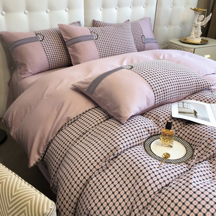 91家纺网 家纺一手货源 找家纺 品家居 2025新款全棉提花双层纱四件套-奈薇系列 奈薇-粉紫