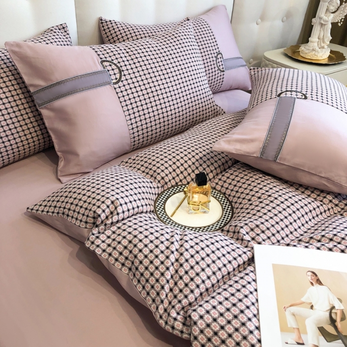 91家纺网 家纺一手货源 找家纺 品家居 2025新款全棉提花双层纱四件套-奈薇系列 奈薇-粉紫