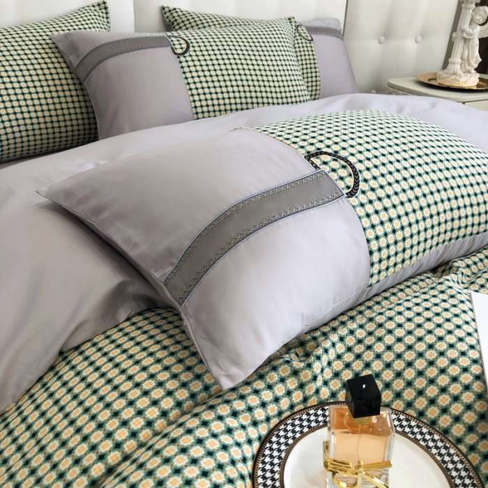 91家纺网 家纺一手货源 找家纺 品家居 2025新款全棉提花双层纱四件套-奈薇系列-灰绿