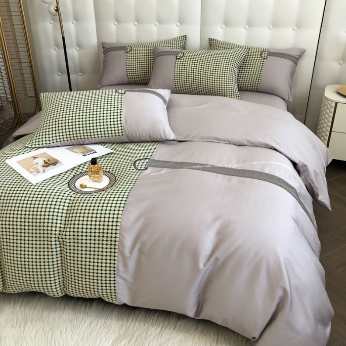 91家纺网 家纺一手货源 找家纺 品家居 2025新款全棉提花双层纱四件套-奈薇系列-灰绿